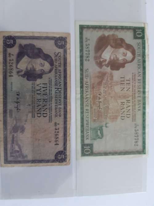TW de Jongh Set of R1, R2, R5 and R10 South African Banknotes